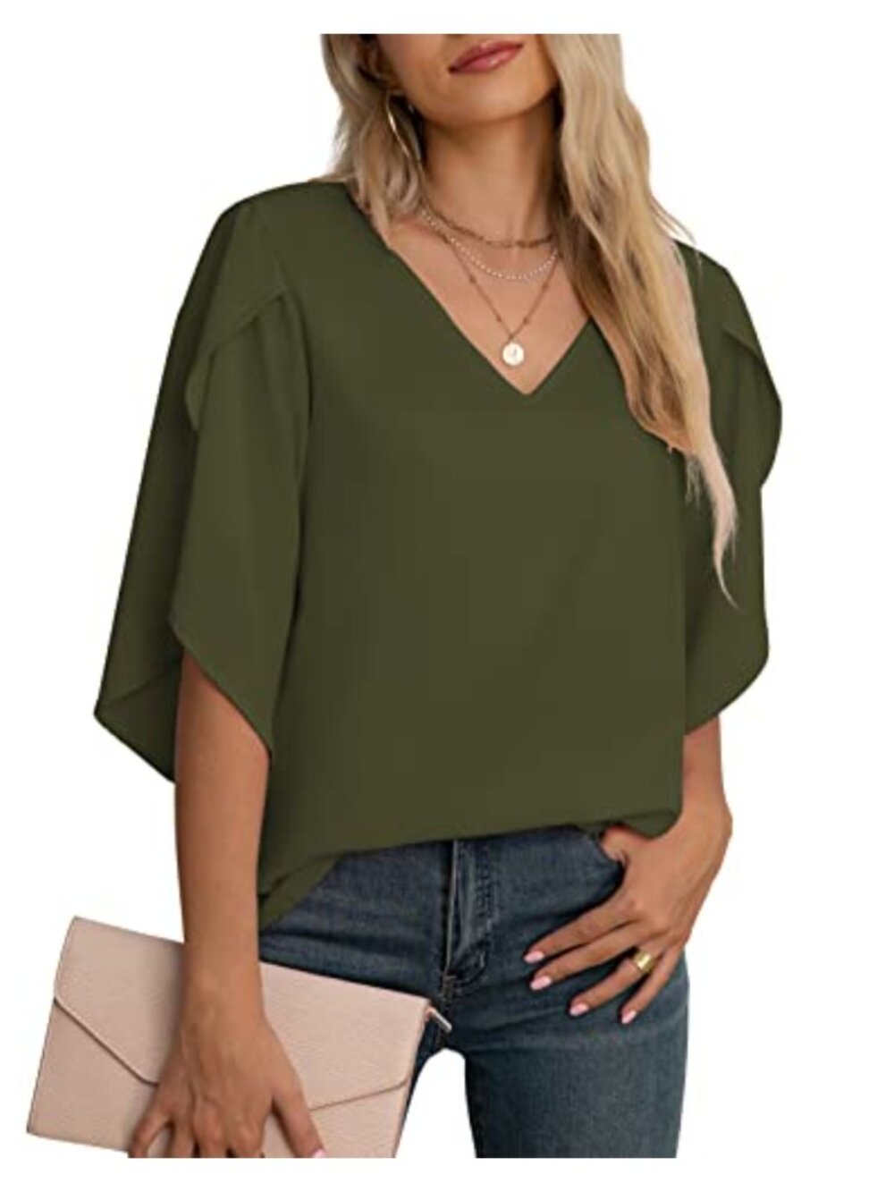 Chiffon V-Neck 3/4 Ruffle Sleeve Blouse for Women Business Casual Flowy Top